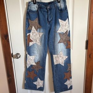 Oli & Hali Star Patch Boyfriend Jeans in Blue with White, Brown, Gray Stars